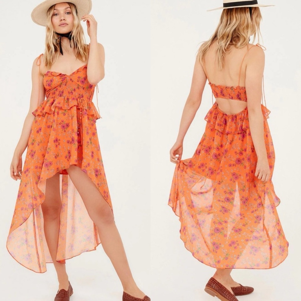 NEW NWOT For Love & Lemons Peony High Low Midi Dress In Orange Floral Print